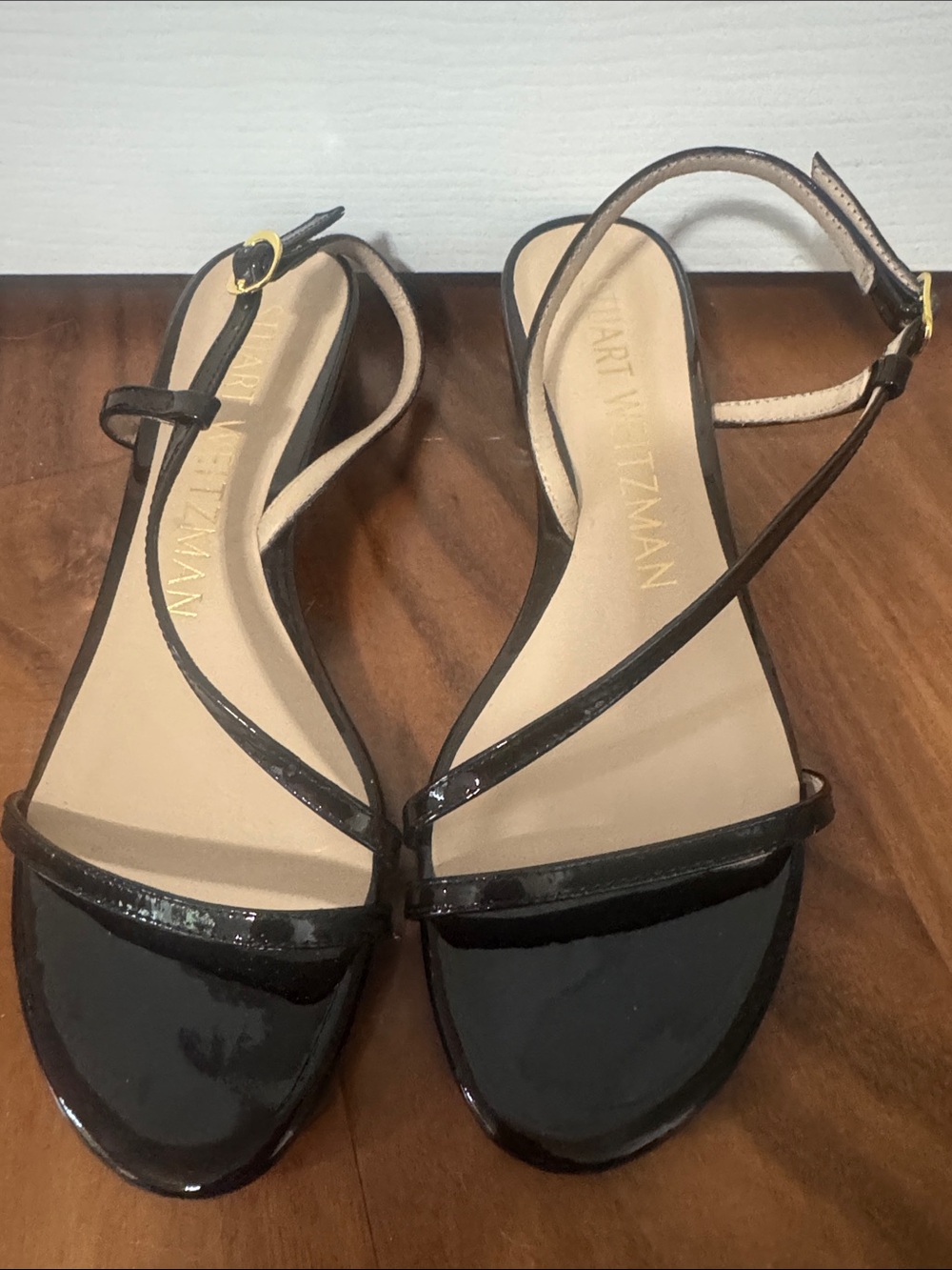 Stuart Weitzman Black Patent Leather Strappy Slingback Sandals